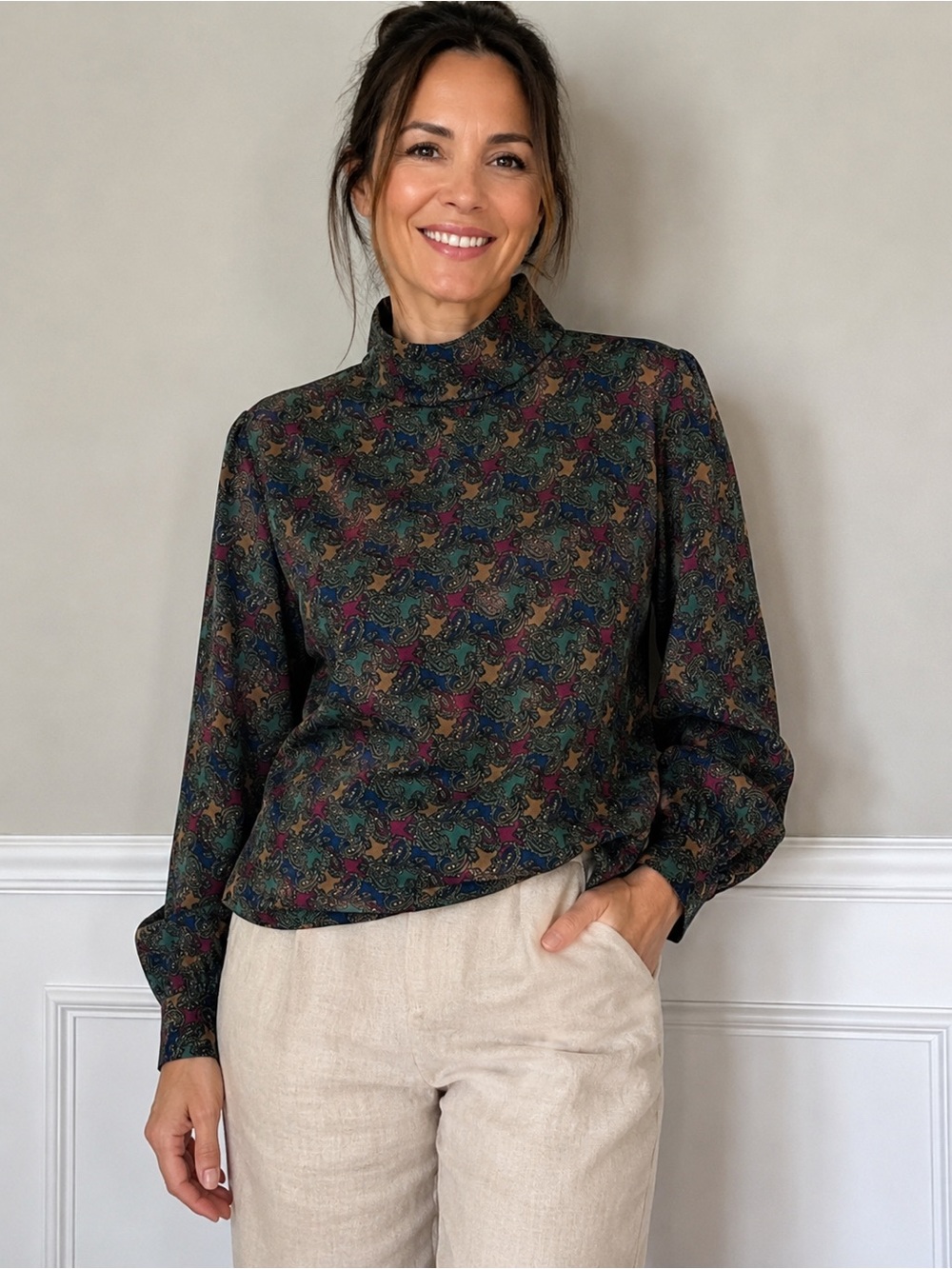Vintage Hana Sung Paisley Mock Neck Blouse Size 8 Retro 90s